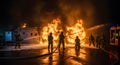 Firefighters Extinguishing Burning Structure with Water at Night Royalty Free Stock Photo