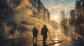 Firefighters extinguishing fire on urban street at sunset. International Firefighters\' Day