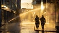 Firefighters extinguishing fire on urban street at sunset. International Firefighters\' Day