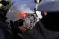 Firefighters fight the fire flame to control fire not to spreading out. Firefighter industrial and public safety concept