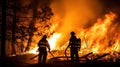 Firefighters fighting a burning forest fire. Generative AI