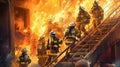 Firefighters fighting a fire in a building. Generative AI Royalty Free Stock Photo