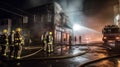 Firefighters fighting a fire in a burning building at night. Firefighters fighting a fire. Royalty Free Stock Photo