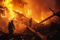 Firefighters fighting a fire in a burnt house with smoke and flames Royalty Free Stock Photo