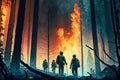 Firefighters fighting the fire. Firefighters fighting a forest fire. Generative AI