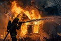 Firefighters fighting a fire in a house. Royalty Free Stock Photo