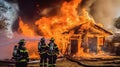 Firefighters fighting a fire in a house. Generative AI Royalty Free Stock Photo