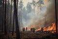 Firefighters fighting a forest fire with smoke and flames in the background, forest fire with trees on fire firefighters trying to
