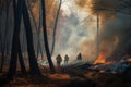 Firefighters fighting a wildfire in a deep forest with dark smoke. Dangerous wildfire in a jungle with burning trees and smoky