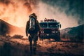 firefighters at a fire in the forest, generative ai Royalty Free Stock Photo