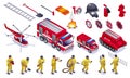 Firefighters, fire trucks, fire fighting helicopter and firemen tools Set isometric icons on white isolated background Royalty Free Stock Photo