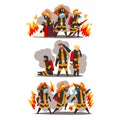 Firefighters with firefighting equipment, firemen characters in uniform and protective masks at work vector Illustration