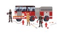 Firefighters or firemen wearing protective clothes or uniform, fire engine and firefighting equipment - fire hydrant Royalty Free Stock Photo