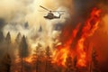 Firefighters helicopter flying above an intense forest wildfire, in heavy smoke and flames reaching red sky. Generative AI