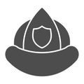 Firefighters helmet solid icon. Fireman protection hat with a shield emblem glyph style pictogram on white background