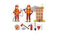 Firefighters, tools and a burning house. Vector illustration.