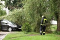 Firefighters help clean up the effects of a fallen tree on cars after the storm in a rainy day.