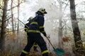 Firefighters men at action, running through smoke with shovels to stop fire in forest. Royalty Free Stock Photo