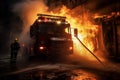 Firefighters next to a fire truck extinguishing a fire Royalty Free Stock Photo