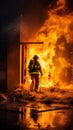 Firefighters next to a fire truck extinguishing a fire Royalty Free Stock Photo