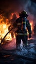 Firefighters next to a fire truck extinguishing a fire Royalty Free Stock Photo