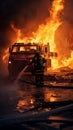 Firefighters next to a fire truck extinguishing a fire Royalty Free Stock Photo