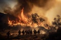 Firefighters walking through a forest with a forest fire, Generative AI