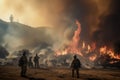 Firefighters walking through a forest with a forest fire, Generative AI