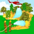 Firefighters in protective clothing and helmet with helicopter extinguish with water