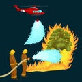 Firefighters in protective clothing and helmet with helicopter extinguish with water from hoses dangerous wildfire.Man