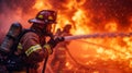 Firefighters in protective suits with hydrants extinguish a huge fire Royalty Free Stock Photo