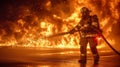 Firefighters in protective suits with hydrants extinguish a huge fire Royalty Free Stock Photo