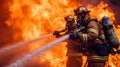 Firefighters in protective suits with hydrants extinguish a huge fire. High quality photo