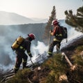 Firefighters in protective suits and masks extinguish a fire in nature in the mountains, hot summer,