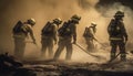 Firefighters in protective workwear extinguish inferno with teamwork and courage generated by AI