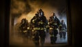 Firefighters in protective workwear extinguishing flames at burning building generated by AI