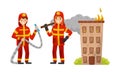 Firefighters in uniform with tools. Vector illustration on a white background.