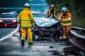 Firefighters rescue injured trapped victims on car crash accident. Generative AI