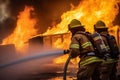 Firefighters team extinguishing fire with high-pressure water outdoor. Generative AI