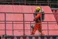 Firefighters save children from high places in fire accident Royalty Free Stock Photo