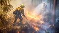 Firefighters spray water to wildfire. Raging fire in the forest with huge flames and thick smoke. Royalty Free Stock Photo