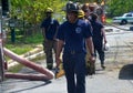 Firefighters prepare to clean up after putting a fire out in Hyattsville, Maryland