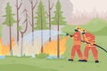 Firefighters suppressing wildland fire flat color vector illustration