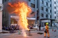 Firefighters teach company employees. How to extinguish a gas leak
