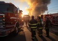 Firefighters team on firetruck arriving on emergency call. Generative AI Royalty Free Stock Photo