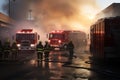 Firefighters team on firetruck arriving on emergency call. Generative AI Royalty Free Stock Photo