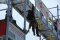 Firefighters on a training building