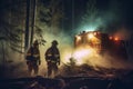 Firefighters using powerful floodlights to battle a forest fire during the night, creating a sense of urgency and highlighting Royalty Free Stock Photo