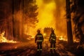 Firefighters using powerful floodlights to battle a forest fire during the night, creating a sense of urgency and highlighting Royalty Free Stock Photo