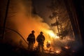 Firefighters using powerful floodlights to battle a forest fire during the night, creating a sense of urgency and highlighting Royalty Free Stock Photo
